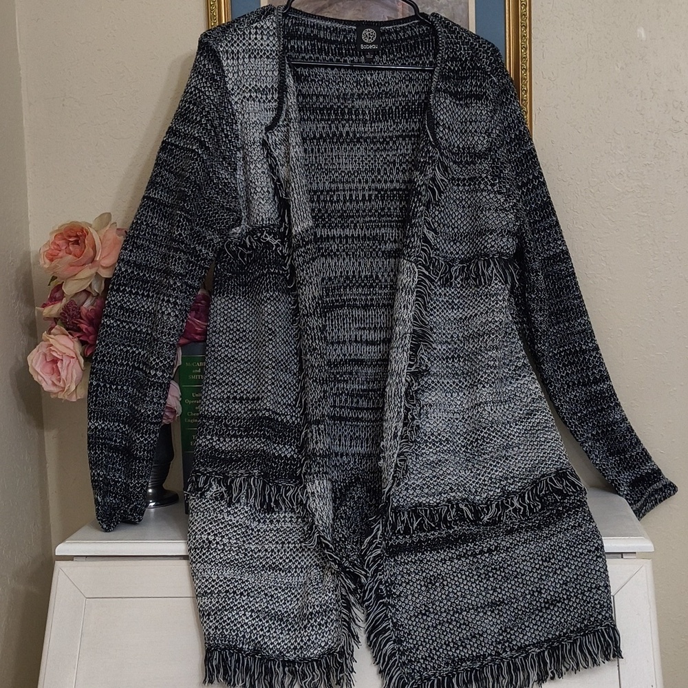 Fringe Black & Gray Fringed Cardigan Size Large Bohemian Whymsigoth Dark Romance - Picture 6 of 7